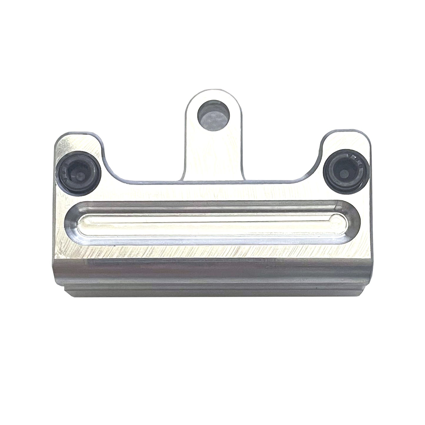 Top of a Silver Zero Error Racing Quarter Midget 5/8 Inch Exhaust Clamp with Black Screws.