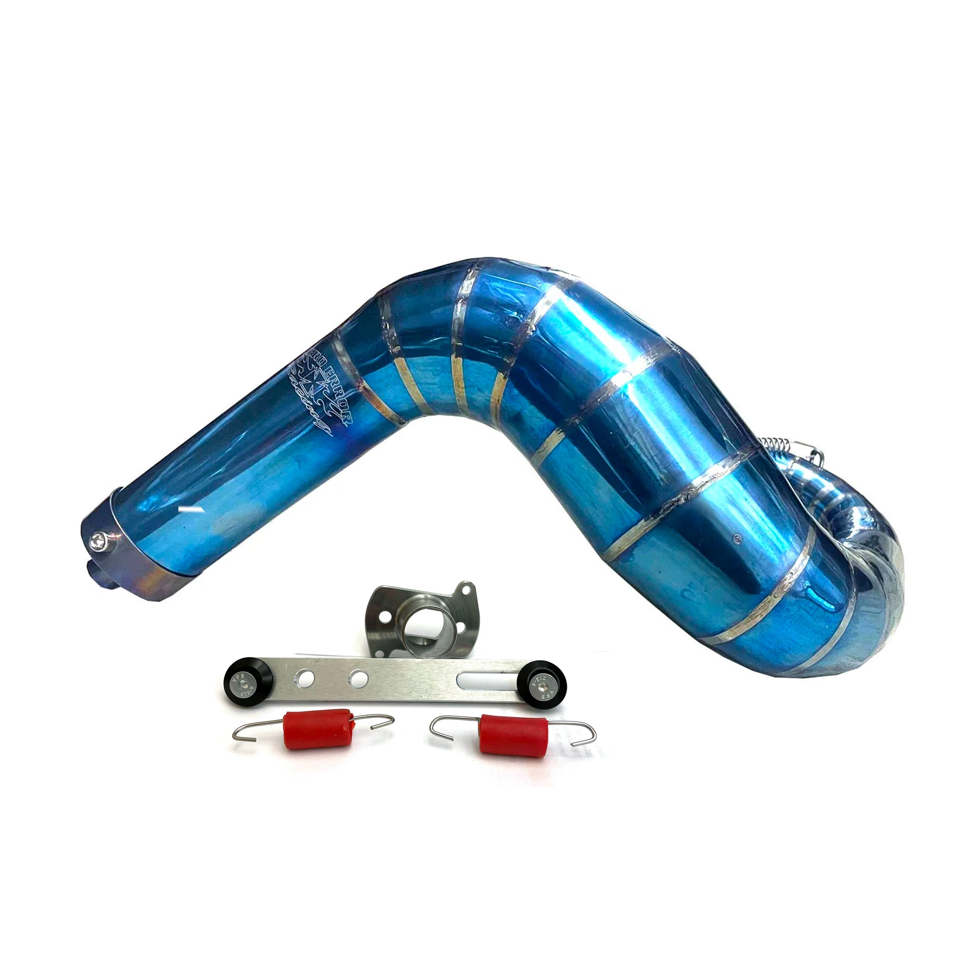 Front of a Blue Zero Error Racing Silenced Pipe and Kit.