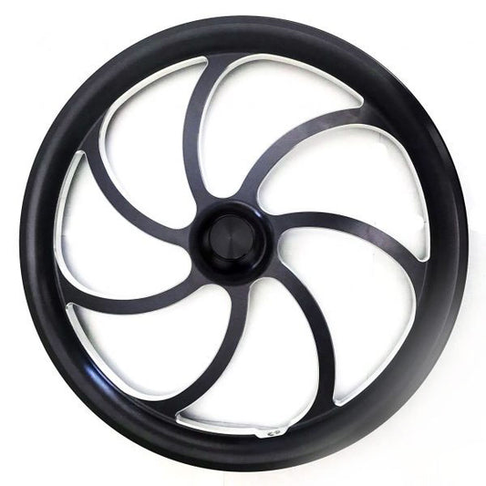Top View of a Black Zero Error Racing 16 Inch Billet 7 Spoke Swept Junior Dragster Wheel.