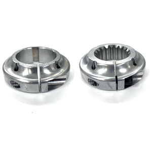 Two Polished Quarter Midget Clamper Brake Hubs. A Splined Variant is to the Right of the Normal Version.