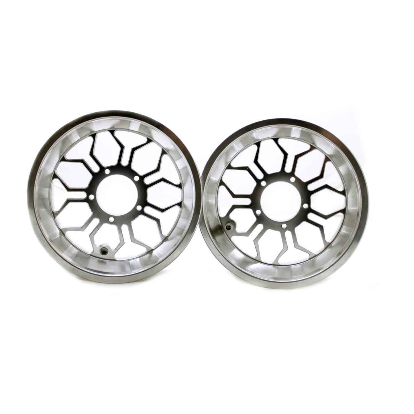 Polished Silver Zero Error Racing GoPed Skeletor GSR/Pocket Bike Wheel Set.